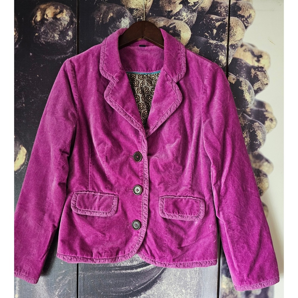 Boden Magenta Purple Corduroy Ruffle Trim Blazer Floral Lined Jacket Size 6
